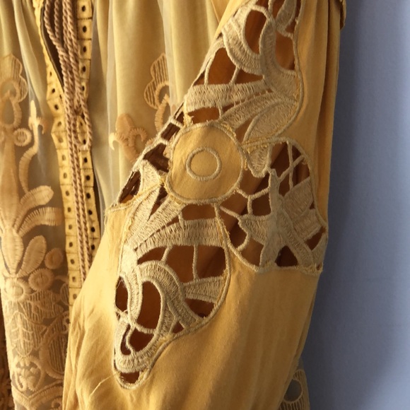 Boho Crochet Lace Embroidery Golden Yellow 3/4 Sleeve top Small - Picture 5 of 13